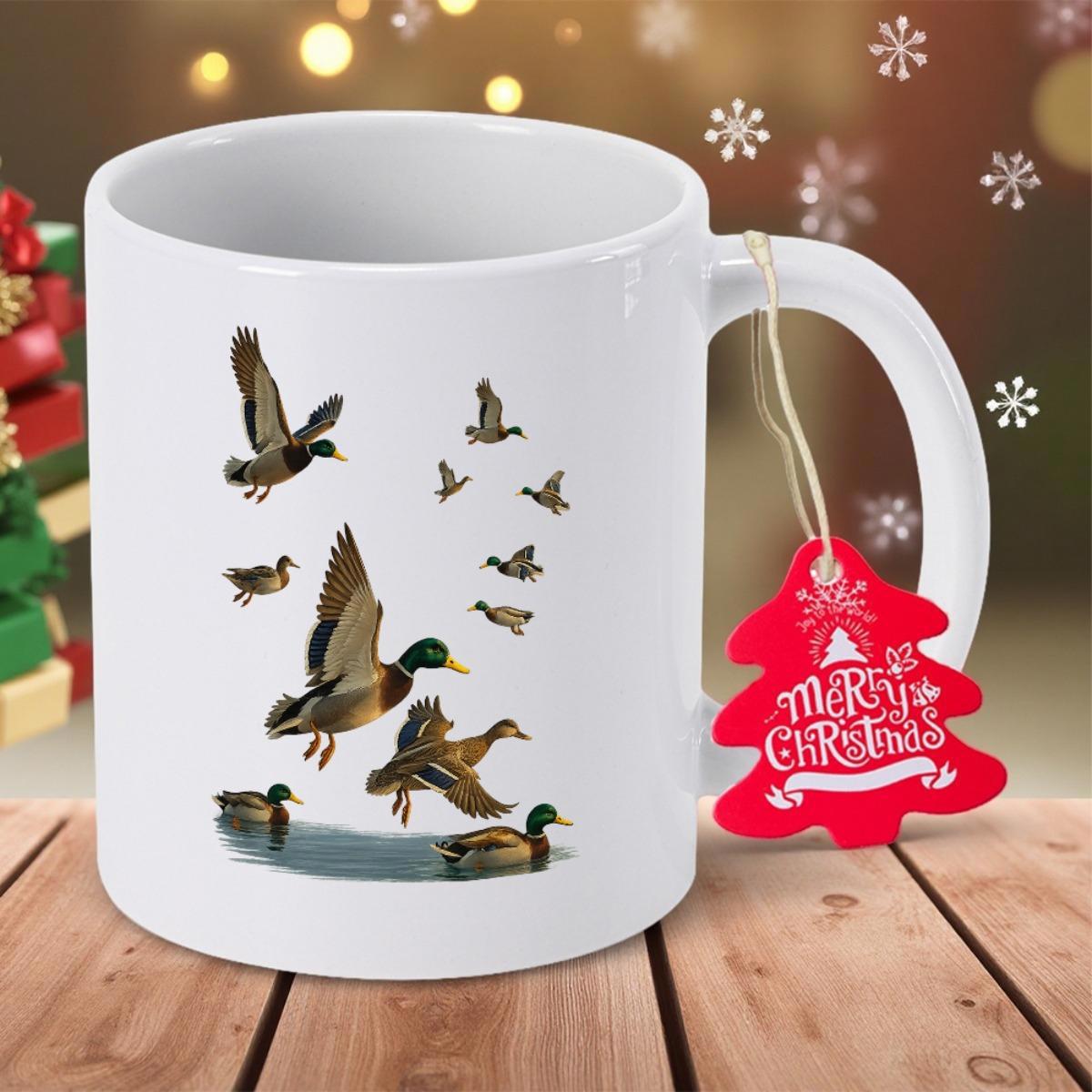 Tailorly White Ceramic 11 oz Mug - Merry Christmas Graceful Wild Ducks Flying And Swimming Near A Calm Blue Lake Duck