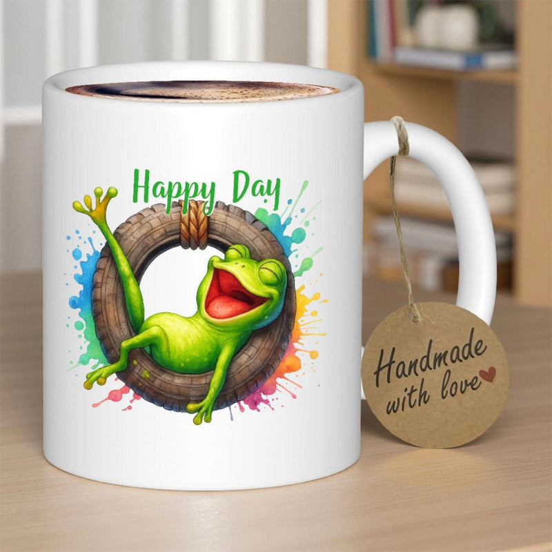 Tailorly White Ceramic 11 oz Mug - Happy Day Vibrant Cheerful Green Cartoon Character Relaxing Inside A Rustic Tire Swing Frog
