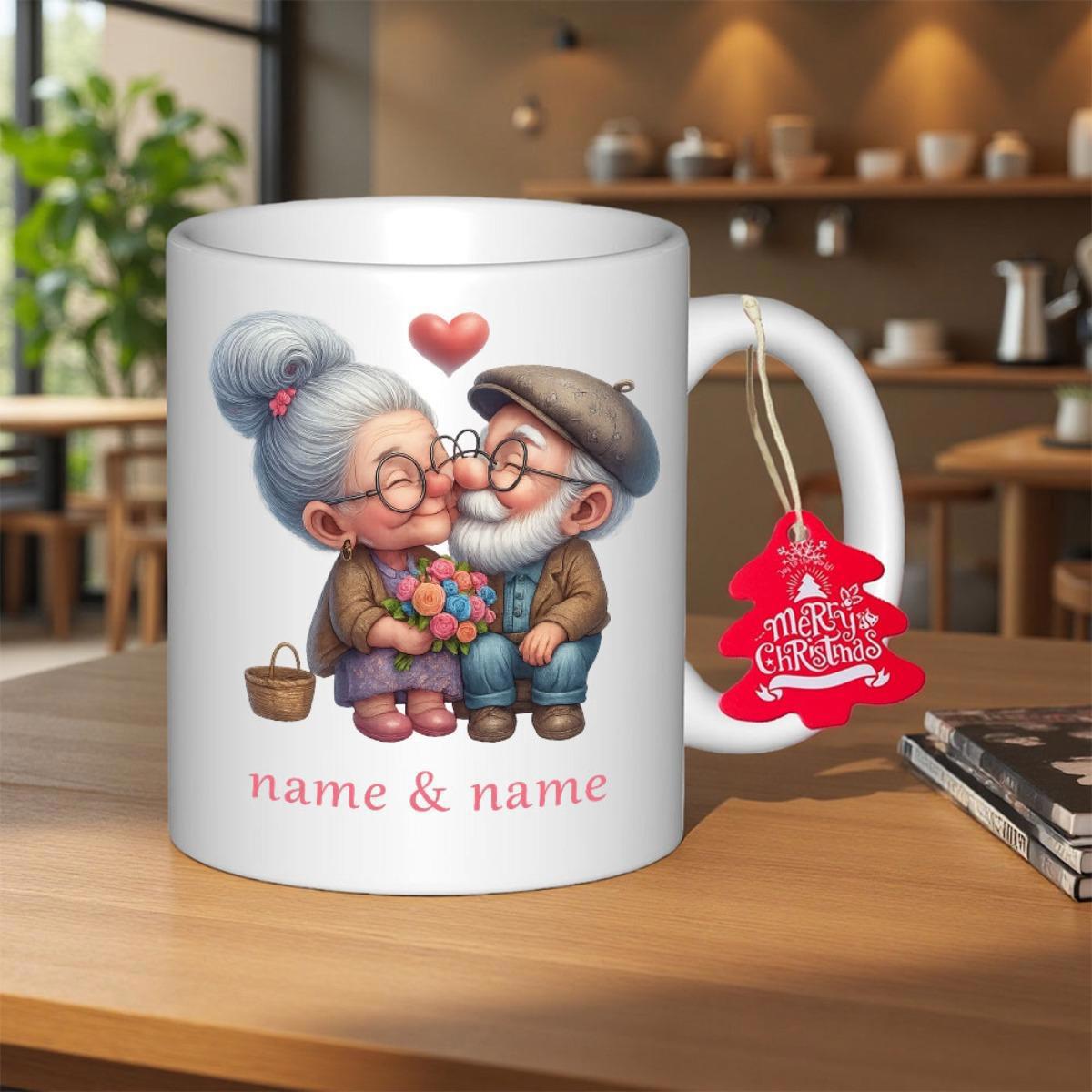 Tailorly White Ceramic 11 oz Mug - Name Name Adorable Cartoon Sweet Kissing With A Floating Pink Heart Couple