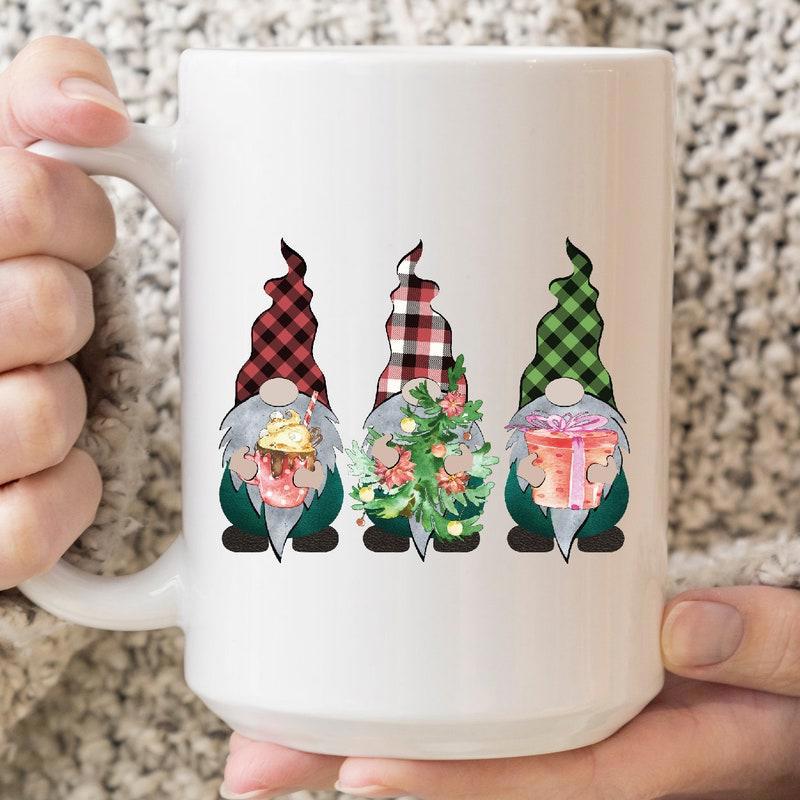 Tailorly White Ceramic 11 oz Mug - Three Festive Christmas Gnomes Wearing Plaid Hats Holding Seasonal Gifts Gnome