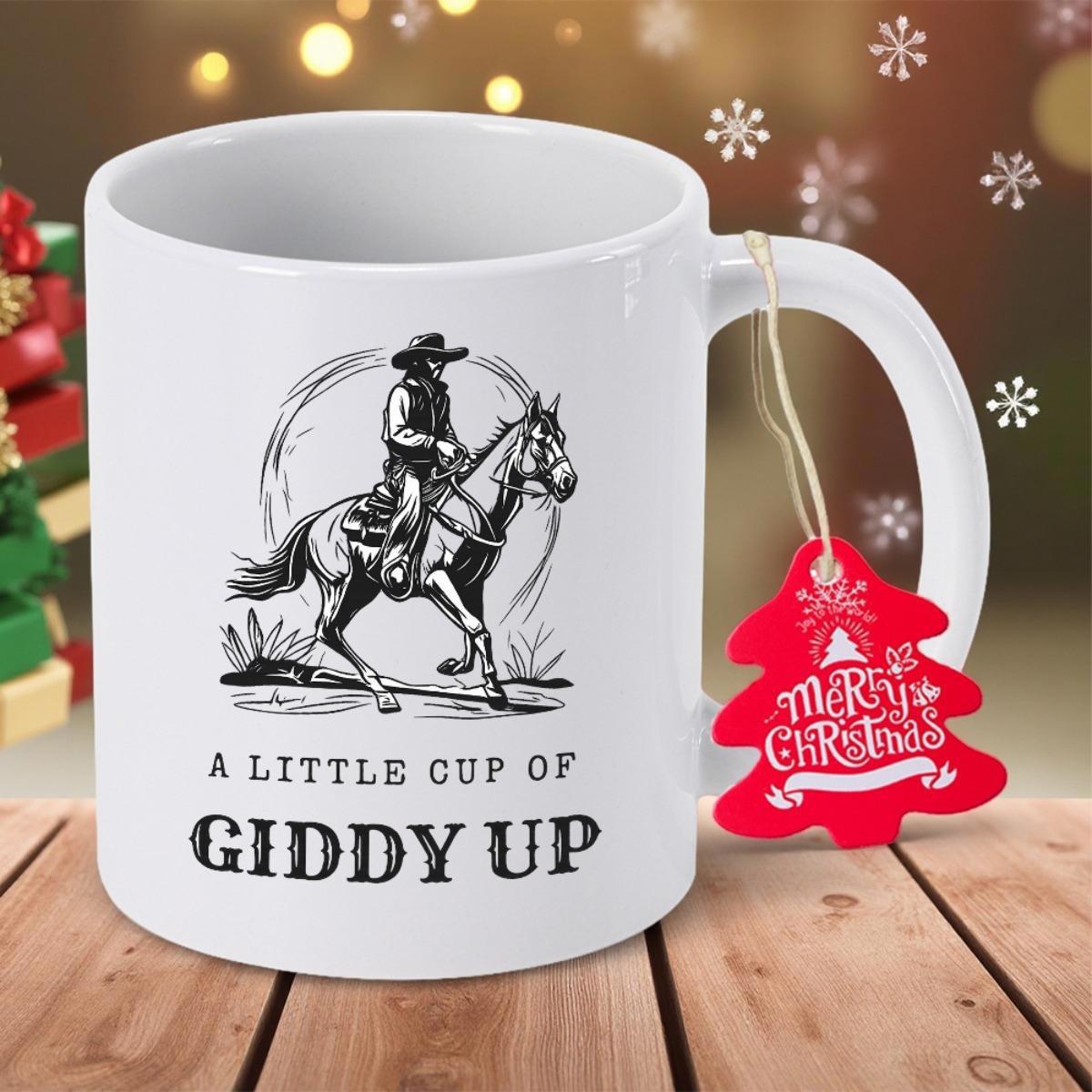 Tailorly White Ceramic 11 oz Mug - A Little Cup Of Giddy Up Vintage Hand Drawn Sketch Of Western Rider On Galloping Horse Cowboy