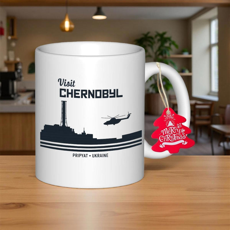 Tailorly White Ceramic 11 oz Mug - Visit Chernobyl Pripyat Ukraine Dark Industrial Power Plant Silhouette Under Flying Helicopter Mug