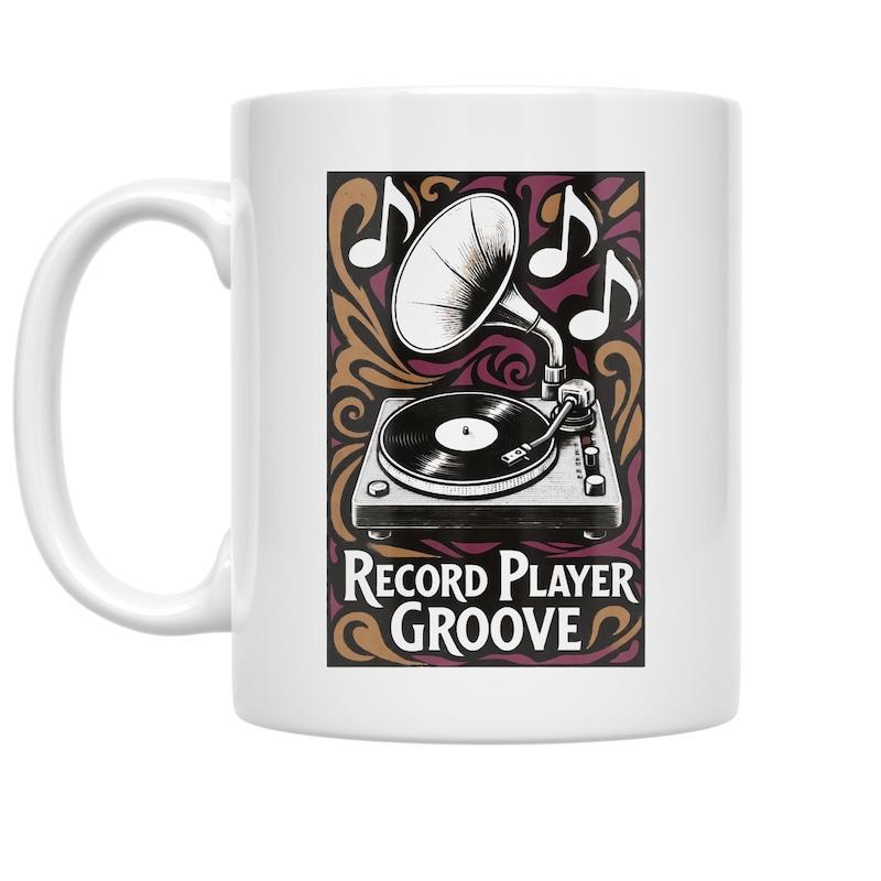 Tailorly White Ceramic 11 oz Mug - Record Player Groove Vintage Stylized Gramophone Floating Musical Notes Artistic Pattern Gramophone