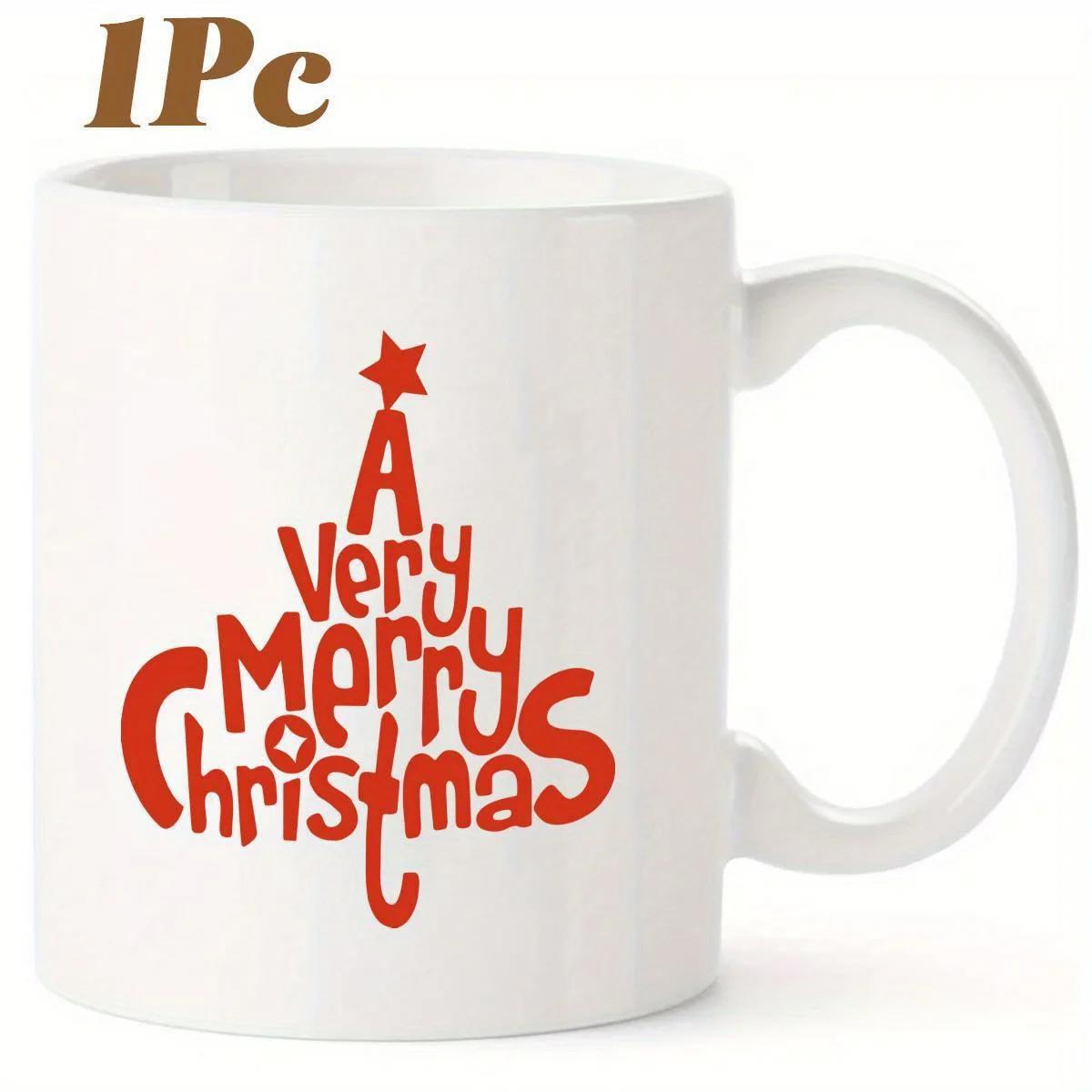 Tailorly White Ceramic 11 oz Mug - A Very Merry Christmas Red Artistic Lettering Arranged Into A Festive Seasonal Evergreen Shape Christmas Tree