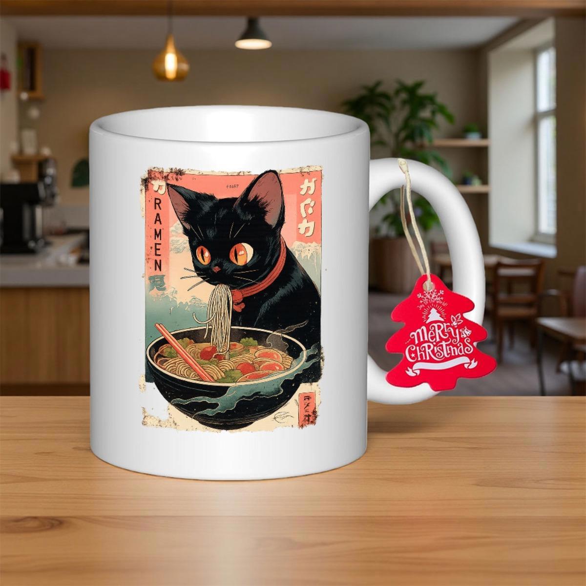 Tailorly White Ceramic 11 oz Mug - Merry Christmas Vintage Japanese Art Style Black Cat Eating Delicious Ramen Noodles Cat