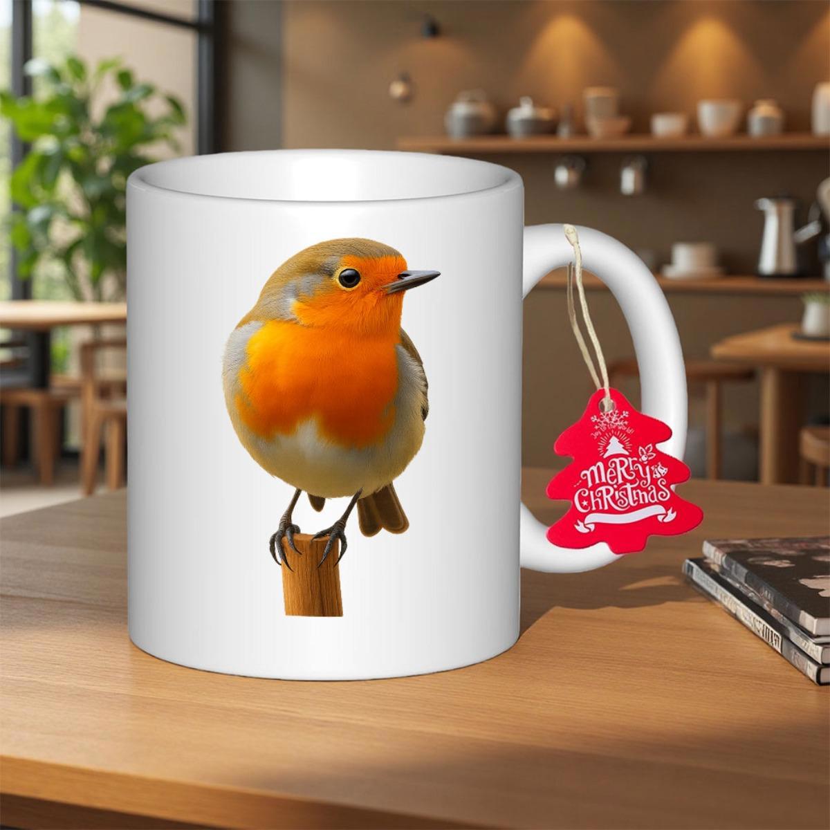 Tailorly White Ceramic 11 oz Mug - Merry Christmas Small Red Breasted Bird Perched On Branch Against Clean Background Bird