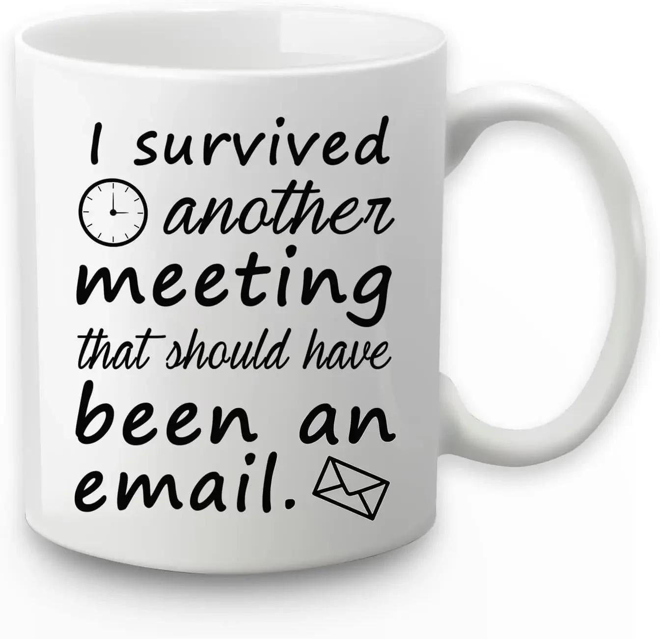 Tailorly White Ceramic 11 oz Mug - I Survived Another Meeting That Should Have Been An Email Simple Black Icons Featuring Round Wall Clock And Small Closed