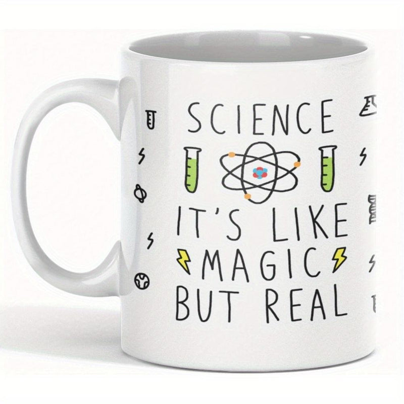 Tailorly White Ceramic 11 oz Mug - Science Its Like Magic But Real Artistic Scientific Symbols Among Beakers And Lightning Bolts Atom