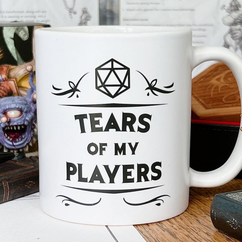 Tailorly White Ceramic 11 oz Mug - Tears Of My Players Minimalist Twenty Sided Die Featuring Elegant Ornamental Line Art Flourishes Dice
