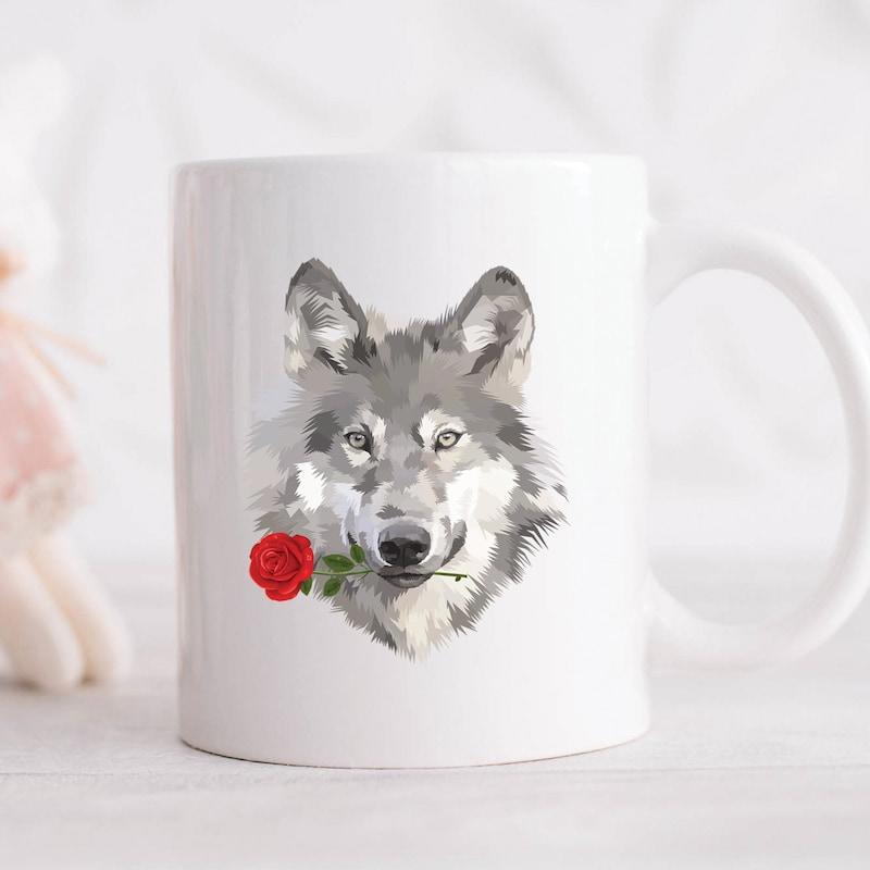 Tailorly White Ceramic 11 oz Mug - Majestic Gray Illustration Holding A Single Delicate Red Rose Wolf