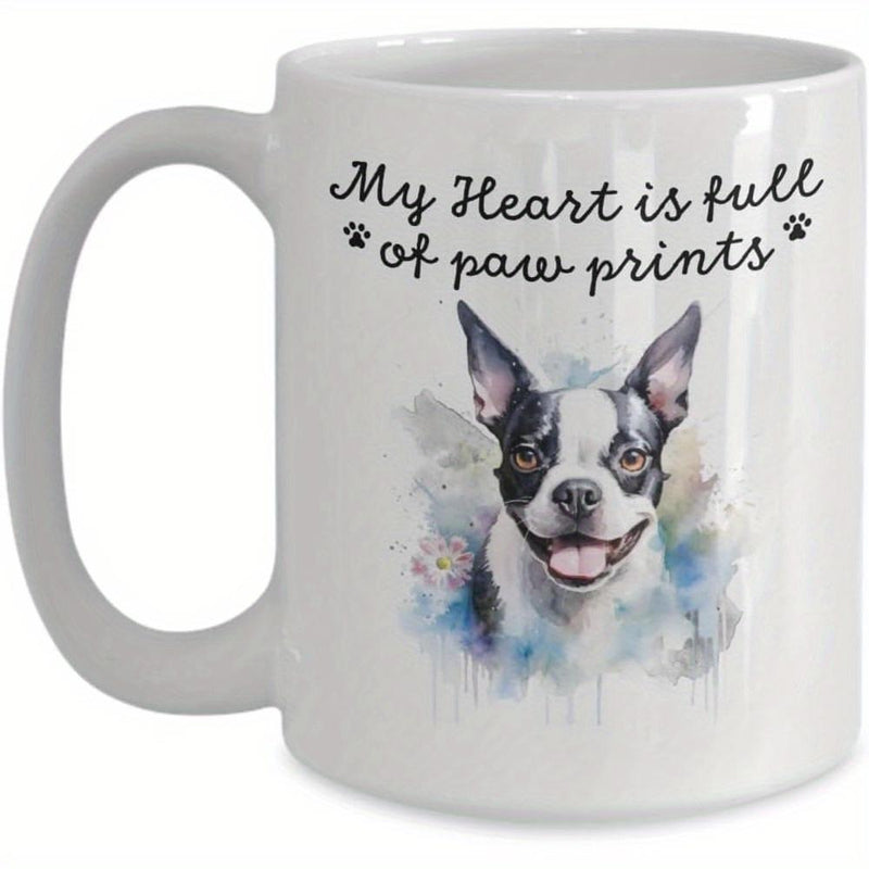 Tailorly White Ceramic 11 oz Mug - My Heart Is Full Of Paw Prints Cheerful Boston Terrier Surrounded By Vibrant Watercolor Splashes In Artistic Dog