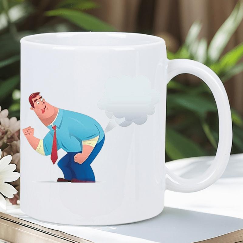 Tailorly White Ceramic 11 oz Mug - Funny Cartoon Office Worker Bending Over With A White Gas Cloud Man