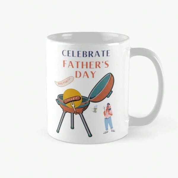 Tailorly White Ceramic 11 oz Mug - Celebrate Father's Day Cartoon Style Outdoor Cooking Scene With Happy Man Flipping Burger Grill