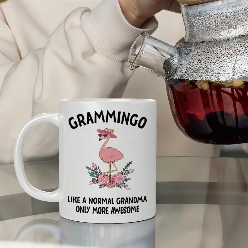 Tailorly White Ceramic 11 oz Mug - Grammingo Like A Normal Grandma Only More Awesome Pink Bird Wearing Sunglasses Standing Gracefully Among Delicate Blooming