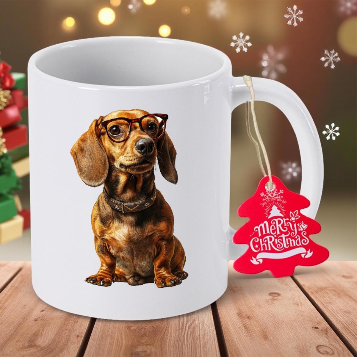 Tailorly White Ceramic 11 oz Mug - Merry Christmas Adorable Brown Dachshund Wearing Glasses Sitting Calmly In Festive Atmosphere Dachshund