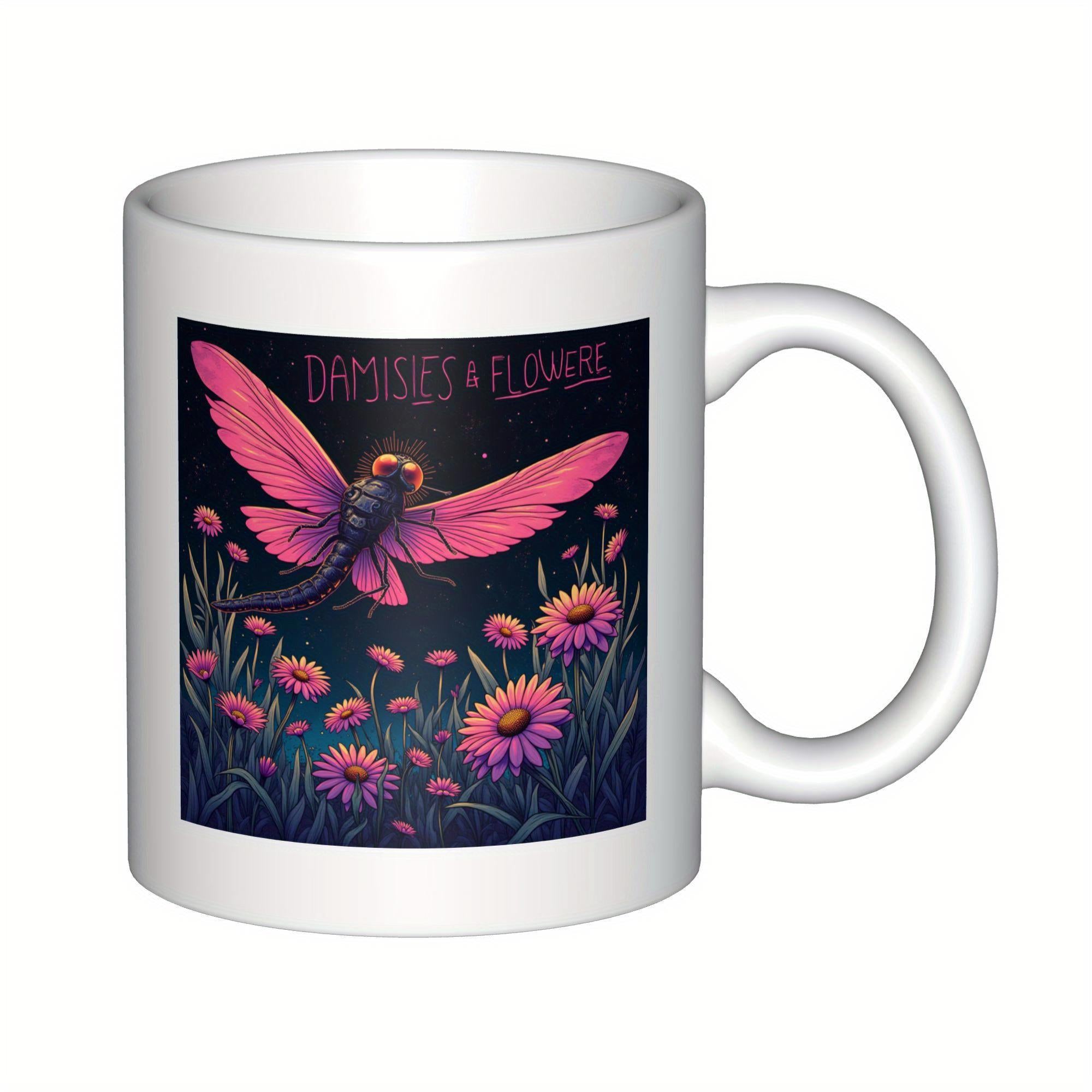 Tailorly White Ceramic 11 oz Mug - Daisies Flowers Vibrant Pink Moth Flying Gracefully Above Field Of Radiant Summer Garden Moth