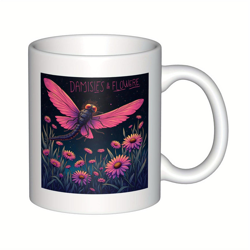 Tailorly White Ceramic 11 oz Mug - Daisies Flowers Vibrant Pink Moth Flying Gracefully Above Field Of Radiant Summer Garden Moth
