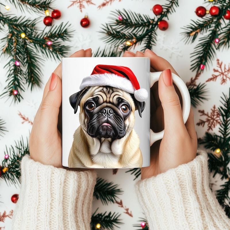Tailorly White Ceramic 11 oz Mug - Festive Little Puppy Wearing Red Santa Hat Among Christmas Pine Branches Pug