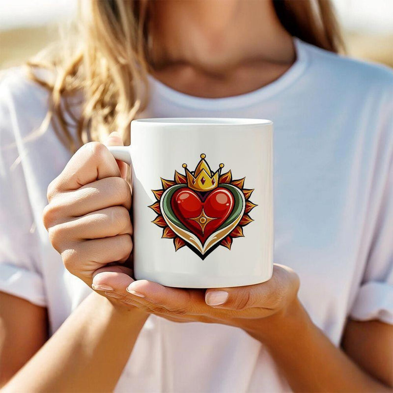 Tailorly White Ceramic 11 oz Mug - Royal Golden Crown Wearing Red Heart Among Radiant Ornate Geometric Sunburst Pattern Heart
