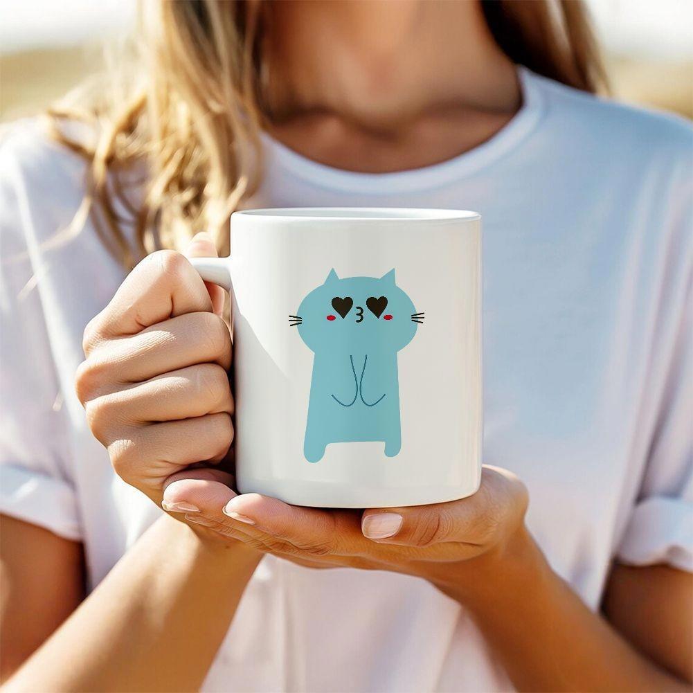 Tailorly White Ceramic 11 oz Mug - Cute Blue Kawaii Kitten With Heart Shaped Eyes Sending A Kiss Cat