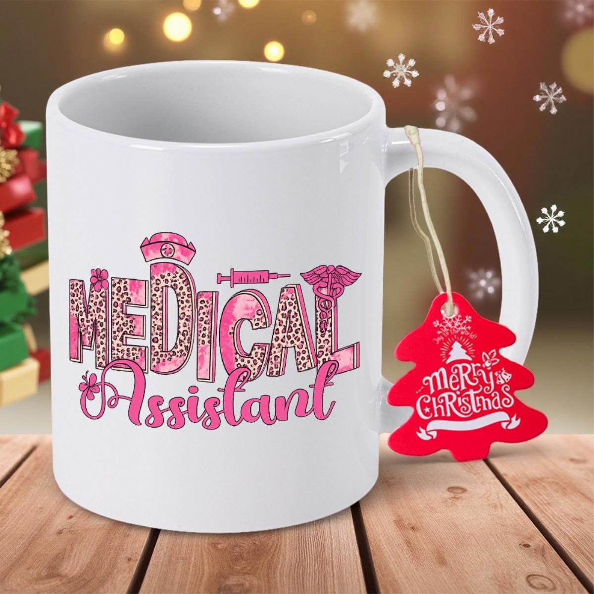 Tailorly White Ceramic 11 oz Mug - Medical Assistant Pink Leopard Print Patterned Letters With Nurse Hat And Syringe Mug