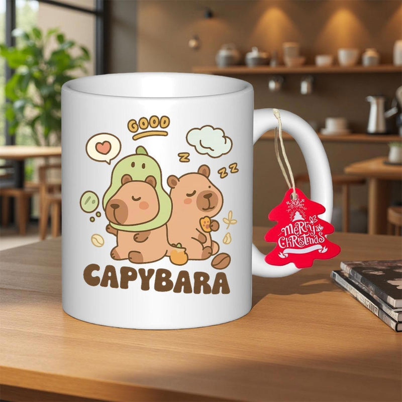 Tailorly White Ceramic 11 oz Mug - Good Capybara Cute Cartoon Animals Wearing Dinosaur Hood Sipping Coffee In Morning Capybara