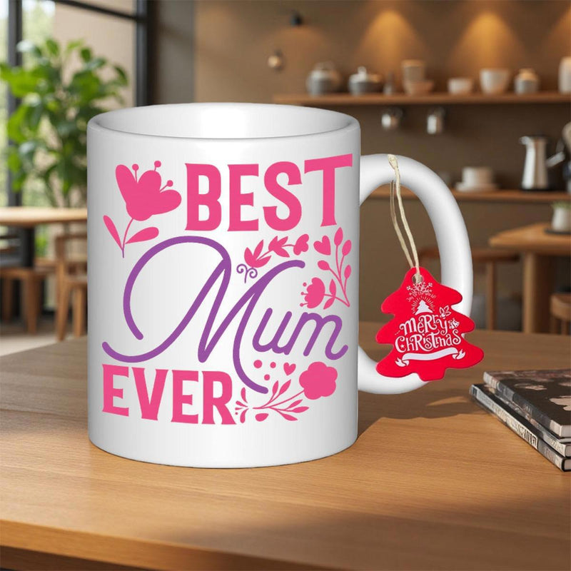 Tailorly White Ceramic 11 oz Mug - Best Mum Ever Elegant Floral Patterns With Blossoms And Hearts Decorating A Ceramic Mug