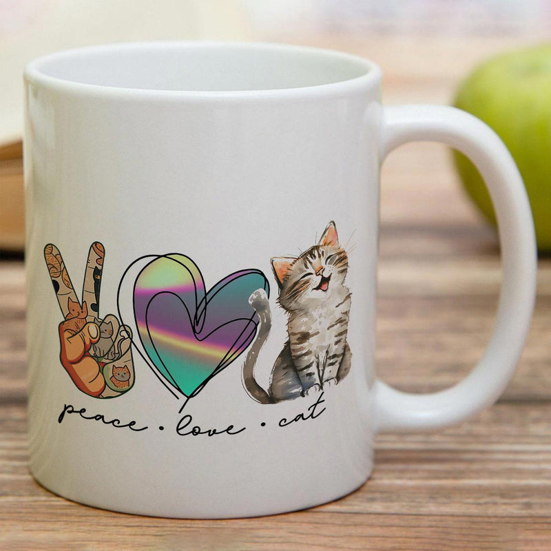 Tailorly White Ceramic 11 oz Mug - Peace Love Cat Artistic Hand Drawn Elements With Colorful Heart And Sitting Striped Cat