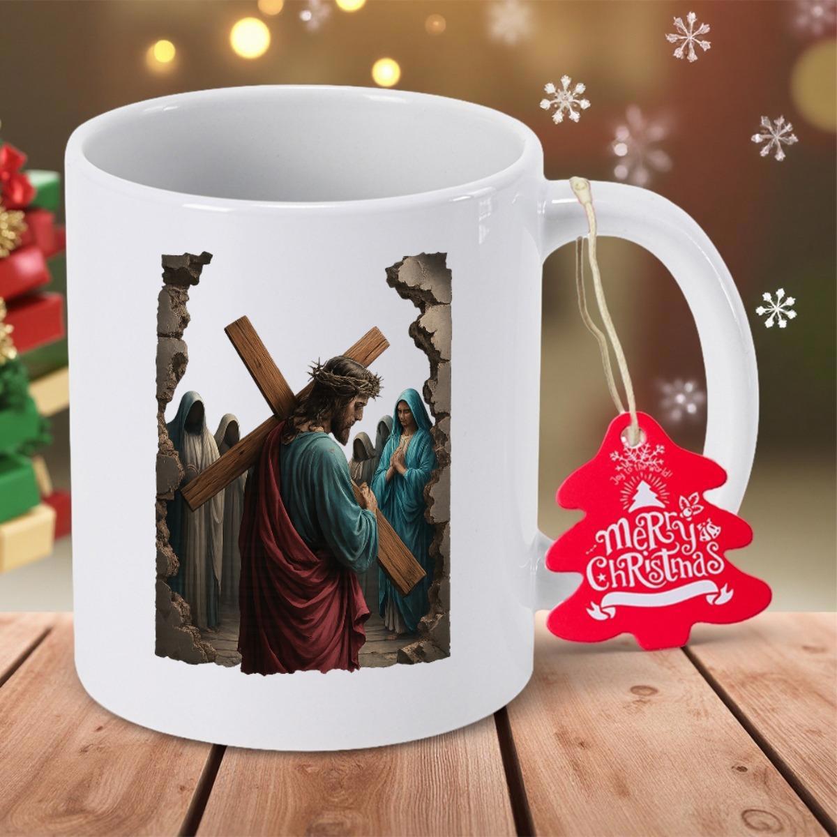Tailorly White Ceramic 11 oz Mug - Merry Christmas Faithful Illustration Representing The Stations Of The Cross And Calvary Jesus
