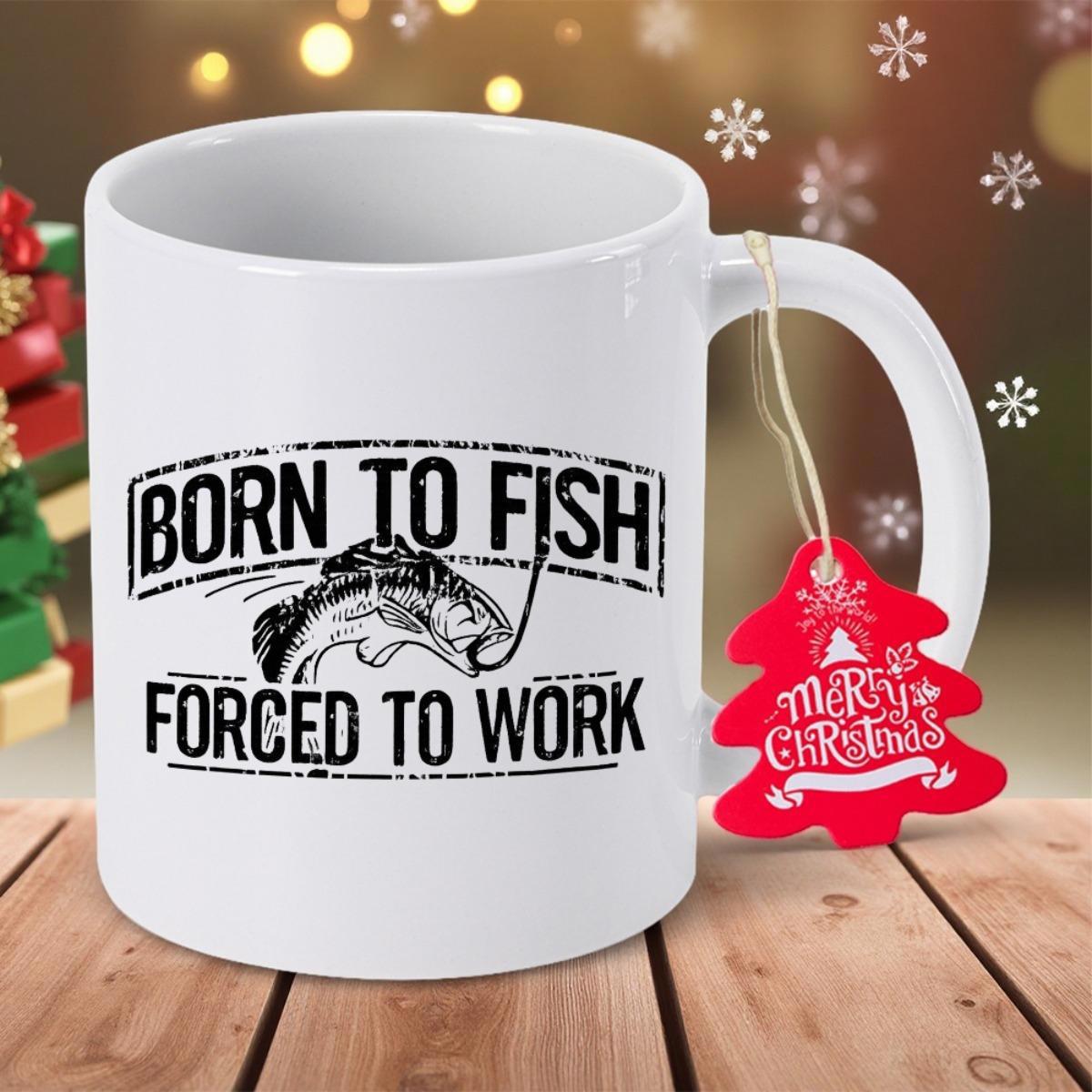 Tailorly White Ceramic 11 oz Mug - Born To Fish Forced To Work Vintage Illustration Of A Jumping Bass Hooked On A Line Fish