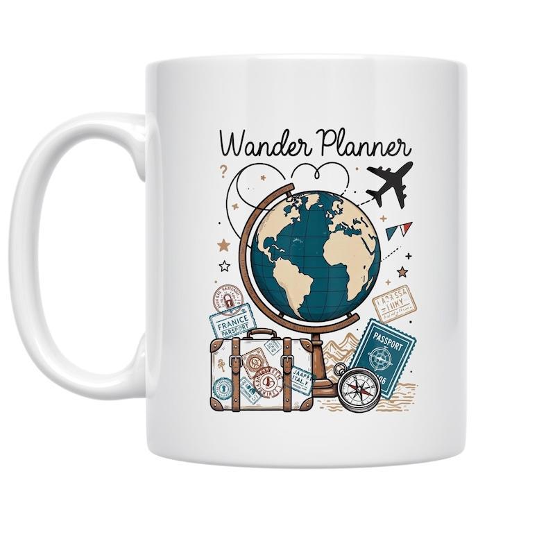 Tailorly White Ceramic 11 oz Mug - Wander Planner Vintage Style Travel Icons Featuring A Detailed Map Centered Upon A Globe