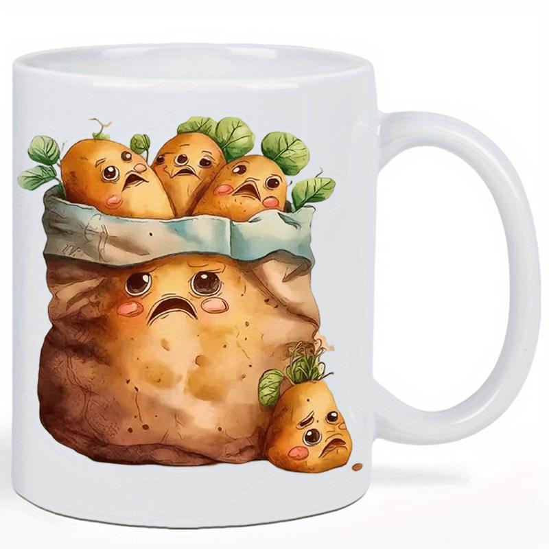 Tailorly White Ceramic 11 oz Mug - Cute Sad Anthropomorphic Vegetable Characters Sitting Inside A Rustic Sack Potato