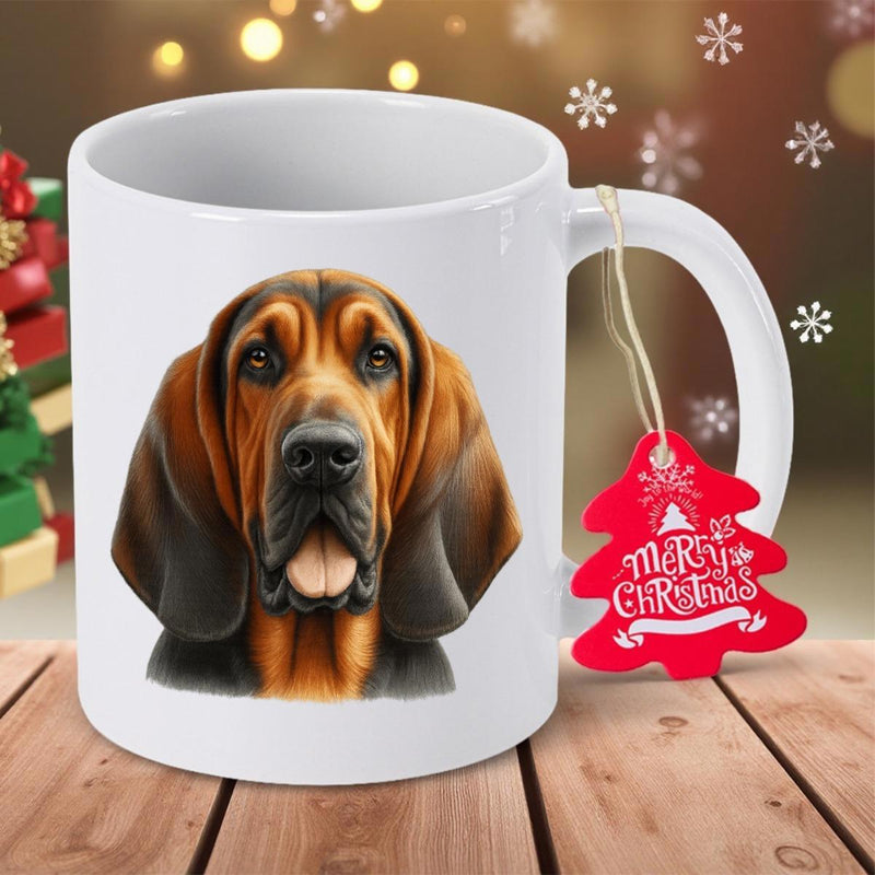 Tailorly White Ceramic 11 oz Mug - Merry Christmas Realistic Portrait Of A Loyal Bloodhound Dog With Long Droopy Ears Bloodhound