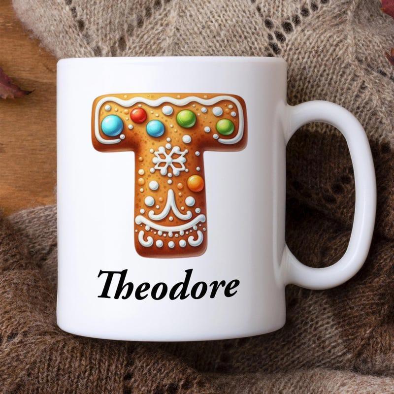 Tailorly White Ceramic 11 oz Mug - Theodore Golden Brown Cookie Letter Adorned With Icing And Colorful Dots Gingerbread