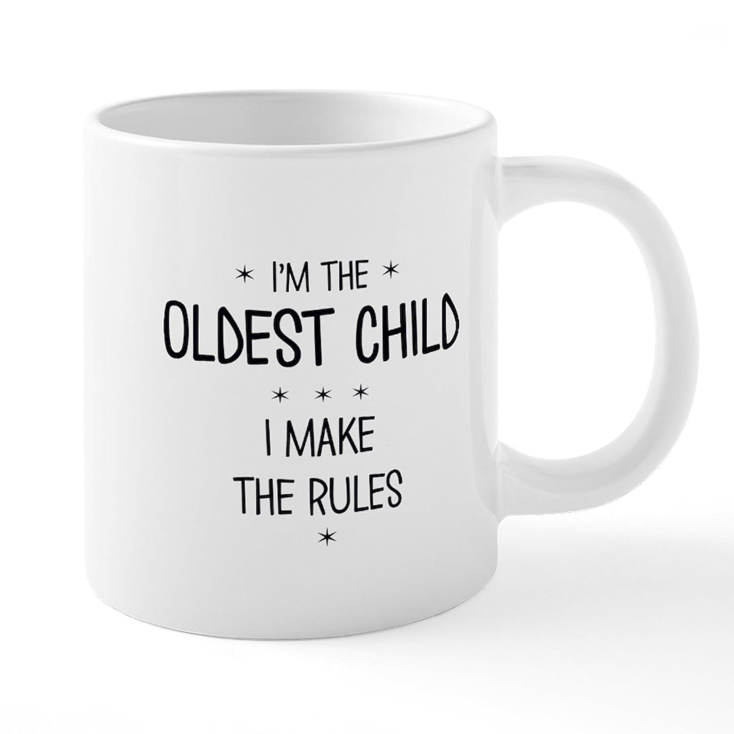Tailorly White Ceramic 11 oz Mug - Im The Oldest Child I Make The Rules Minimalist Black Lettering With Decorative Stars On Smooth White Background Mug