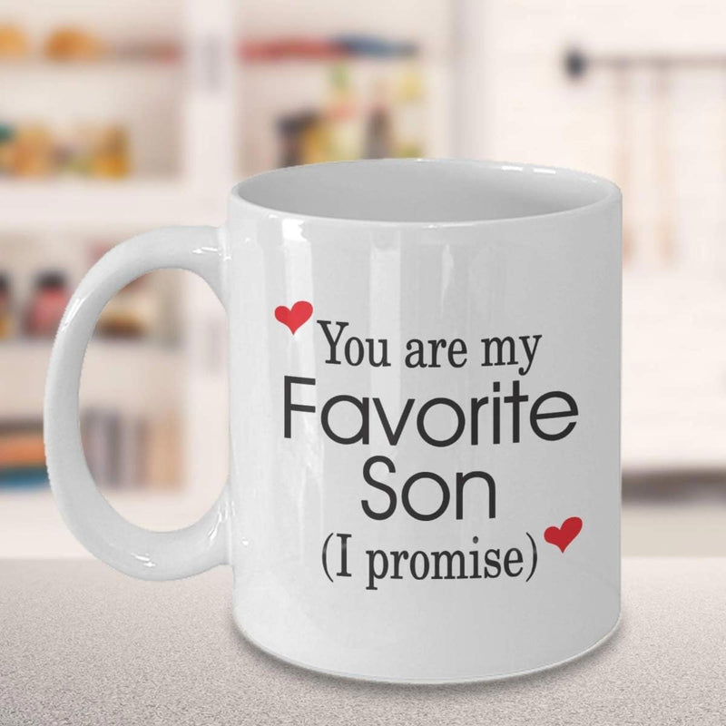 Tailorly White Ceramic 11 oz Mug - You Are My Favorite Son I Promise Minimalist White Ceramic Vessel Decorated With Two Small Heart Accents Mug