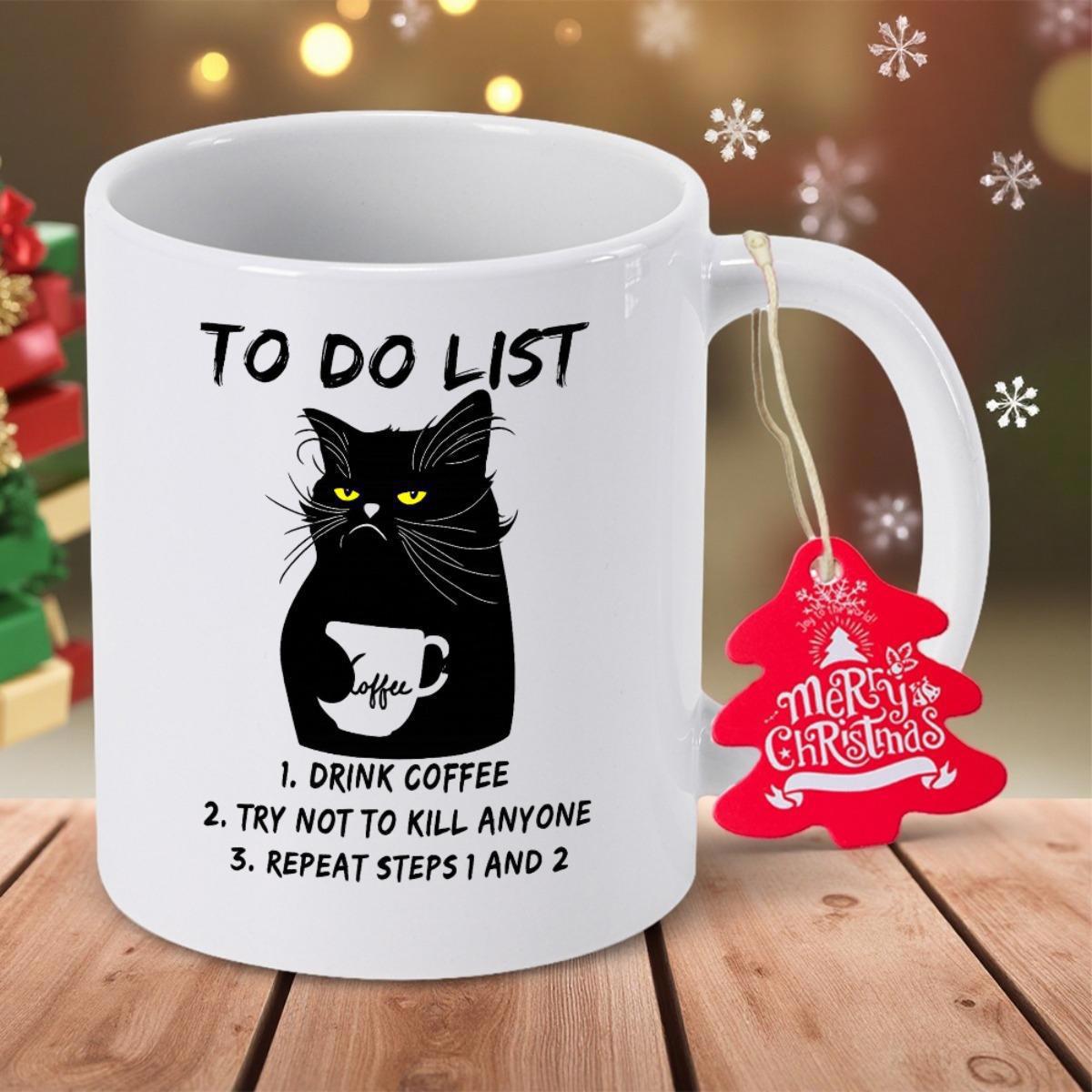 Tailorly White Ceramic 11 oz Mug - To Do List Drink Coffee Try Not To Kill Anyone Repeat Steps 1 And 2 Grumpy Black Feline Holding A Small Cat