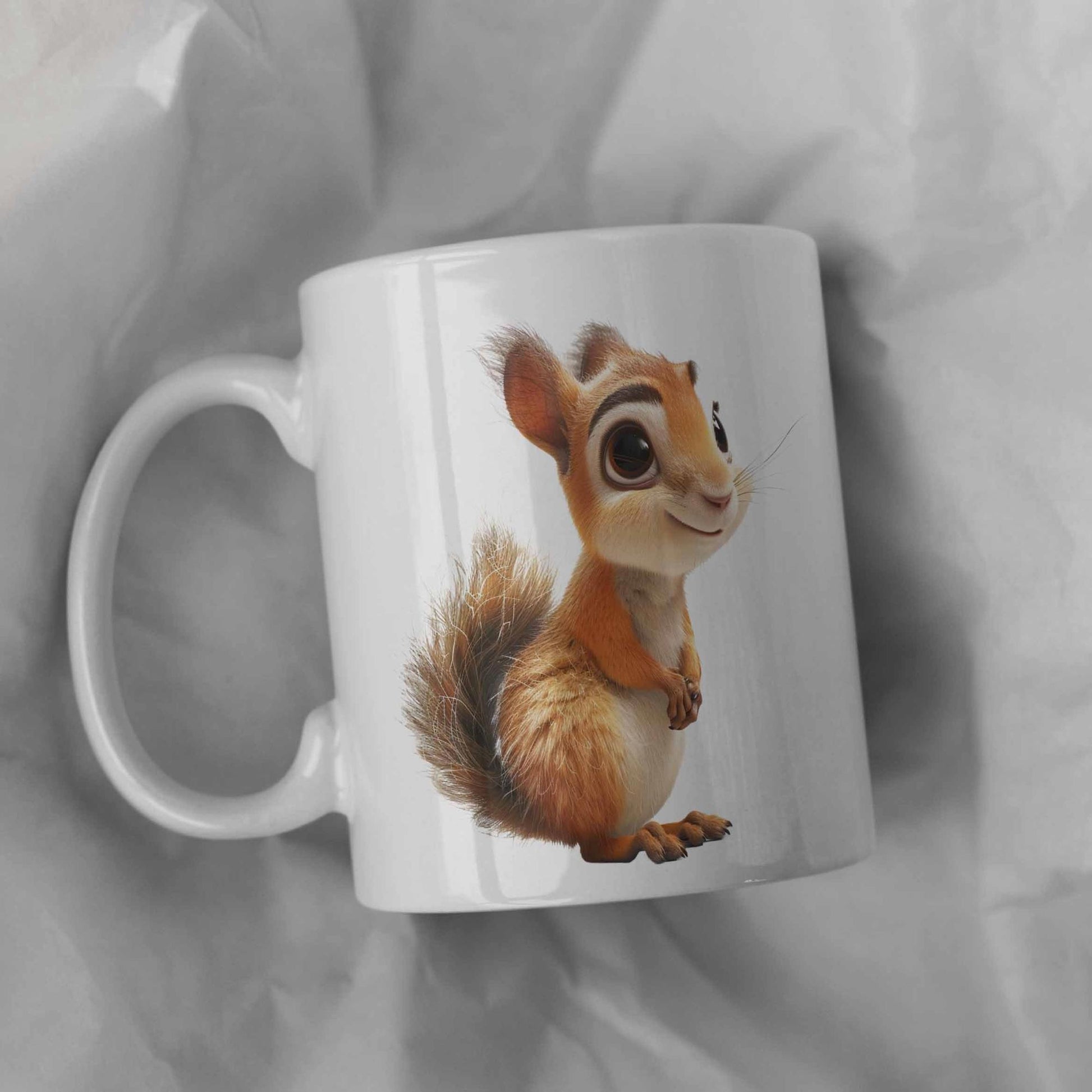 Tailorly White Ceramic 11 oz Mug - Adorable Cartoon Animal With Large Expressive Eyes And Bushy Fluffy Tail Squirrel