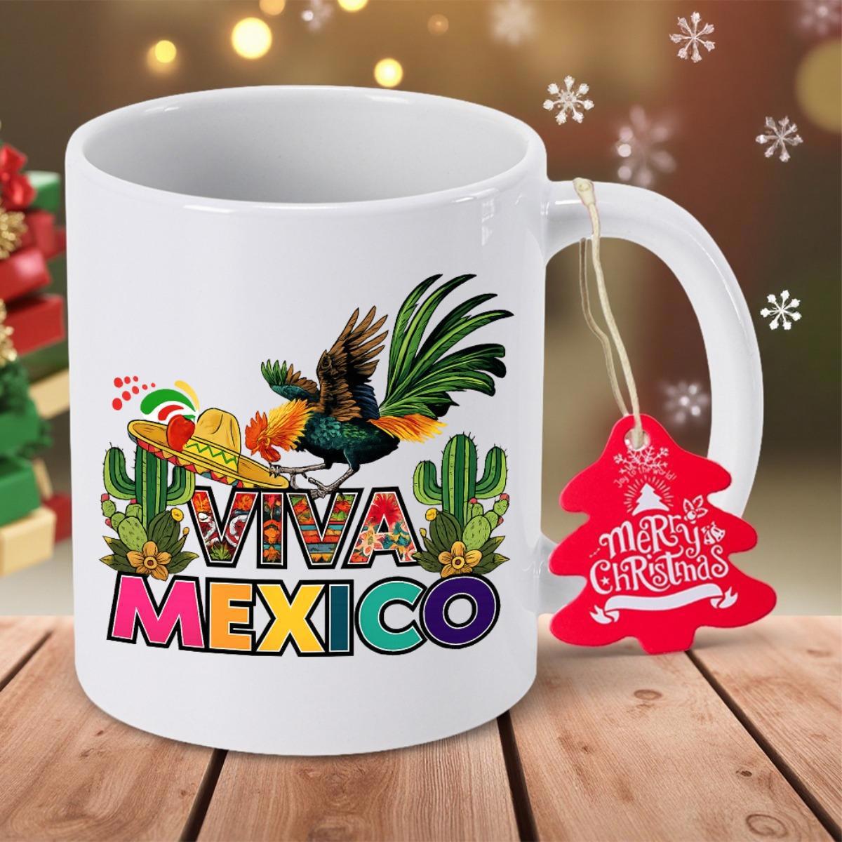 Tailorly White Ceramic 11 oz Mug - Viva Mexico Colorful Folk Art Illustration With Green Cacti And Sombrero Rooster
