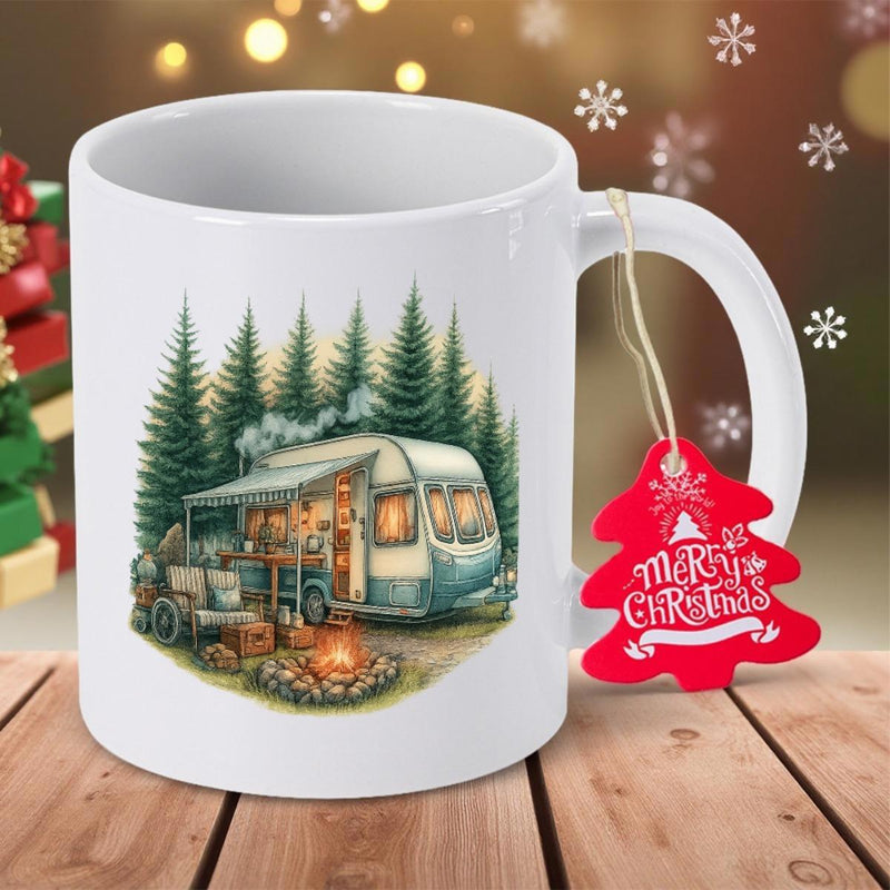 Tailorly White Ceramic 11 oz Mug - Merry Christmas Cozy Vintage Trailer Parked In Evergreen Forest Beside Glowing Warm Campfire Camper