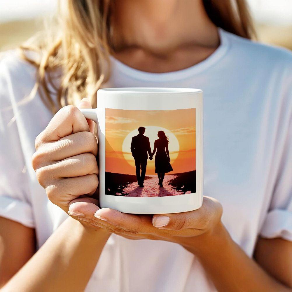 Tailorly White Ceramic 11 oz Mug - Romantic Silhouetted Figures Against A Glowing Golden Sunset Orange Sky Couple