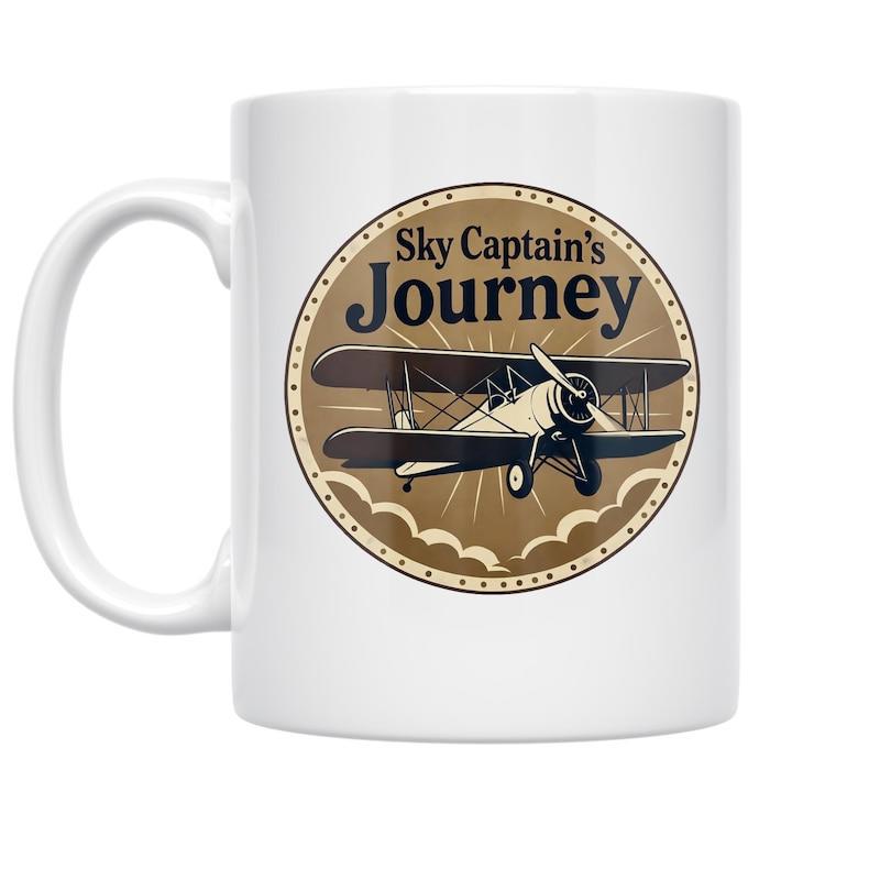 Tailorly White Ceramic 11 oz Mug - Sky Captain's Journey Vintage Retro Double Wing Propeller Craft Flying Amidst Scenic Clouds Airplane