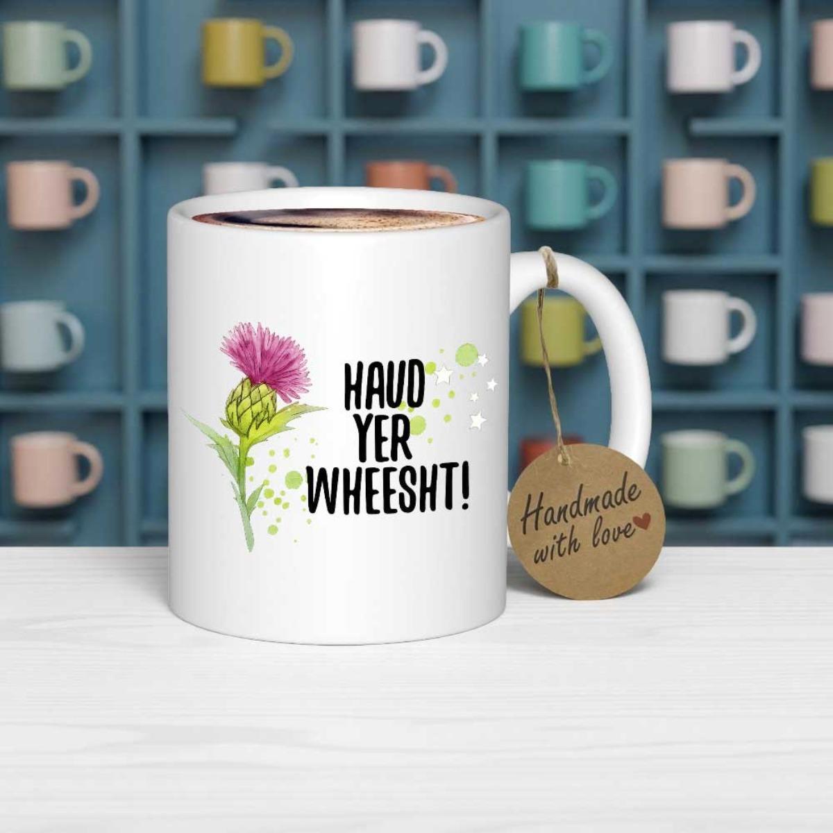 Tailorly White Ceramic 11 oz Mug - Haud Yer Wheesht Blooming Purple Scottish Thistle Among Delicate Green Leaves Detailed Thistle