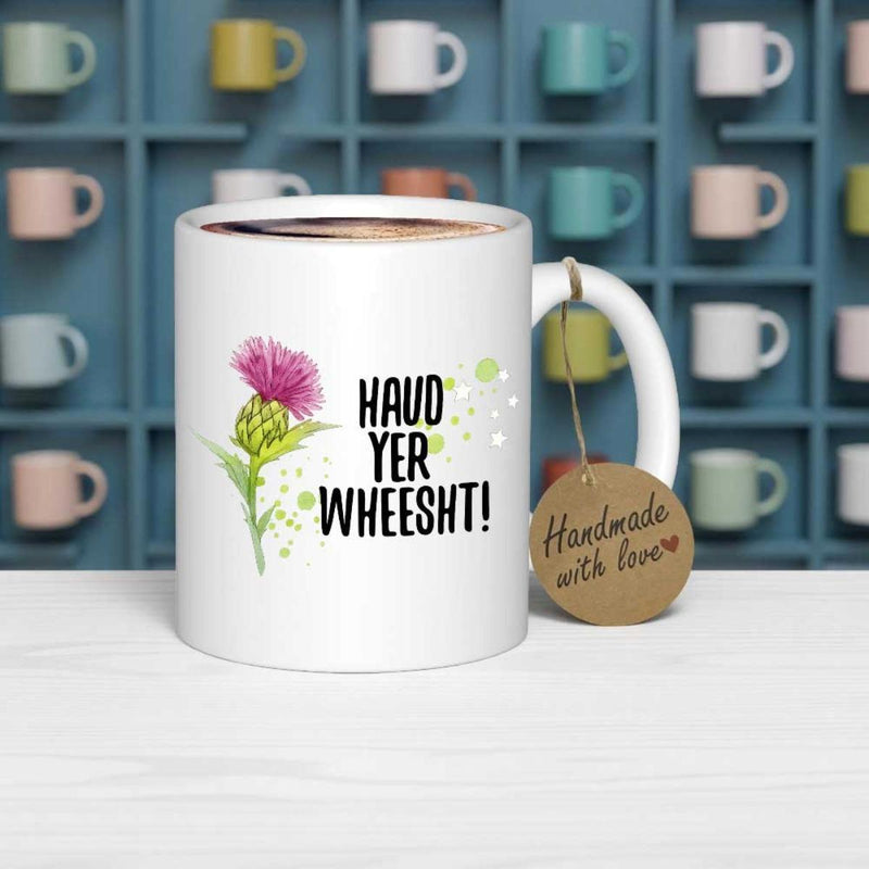 Tailorly White Ceramic 11 oz Mug - Haud Yer Wheesht Blooming Purple Scottish Thistle Among Delicate Green Leaves Detailed Thistle