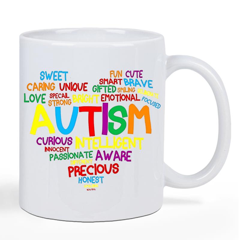 Tailorly White Ceramic 11 oz Mug - Autism Awareness Positive Words Arranged Into A Vibrant Supportive Decorative Artistic Heart