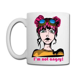 Tailorly White Ceramic 11 oz Mug - Im Not Angry Stylized Anime Girl With Pink Hair And Blue Goggles Wearing Yellow Shirt Character