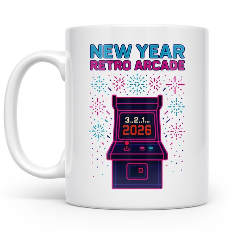 Tailorly White Ceramic 11 oz Mug - New Year Retro Arcade Vibrant Neon Fireworks Glowing Behind A Classic Purple Game Machine Cabinet