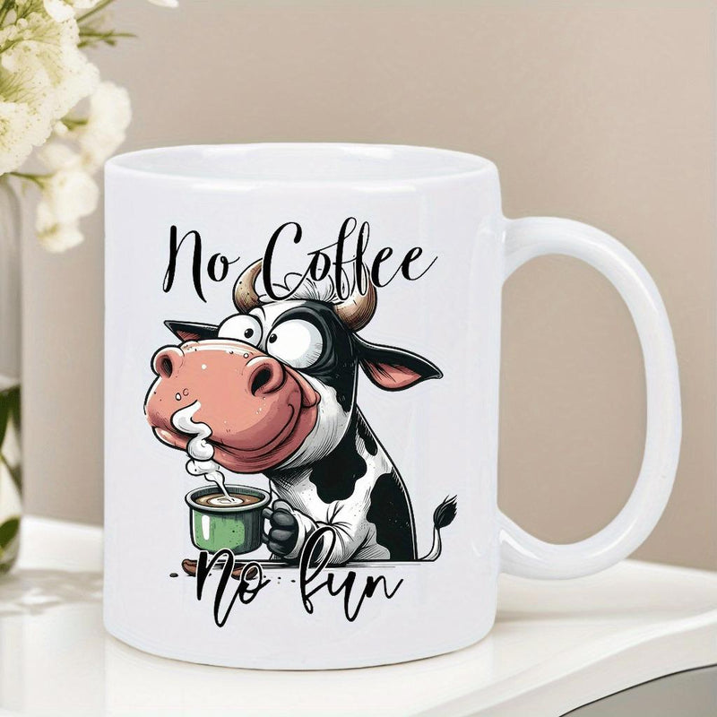 Tailorly White Ceramic 11 oz Mug - No Coffee No Fun Funny Cartoon Dairy Cow Holding Steaming Cup Of Morning Beverage Cow