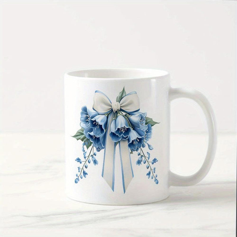 Tailorly White Ceramic 11 oz Mug - Elegant Blue Hydrangea Bouquet With Striped Satin Ribbon And Green Leaves Flower