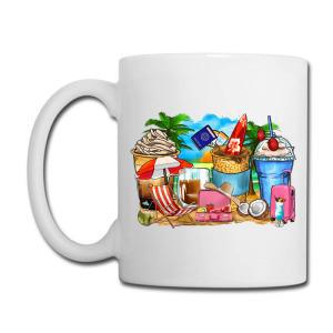Tailorly White Ceramic 11 oz Mug - Vibrant Tropical Drinks Among Palm Leaves And Beach Vacation Elements Illustration